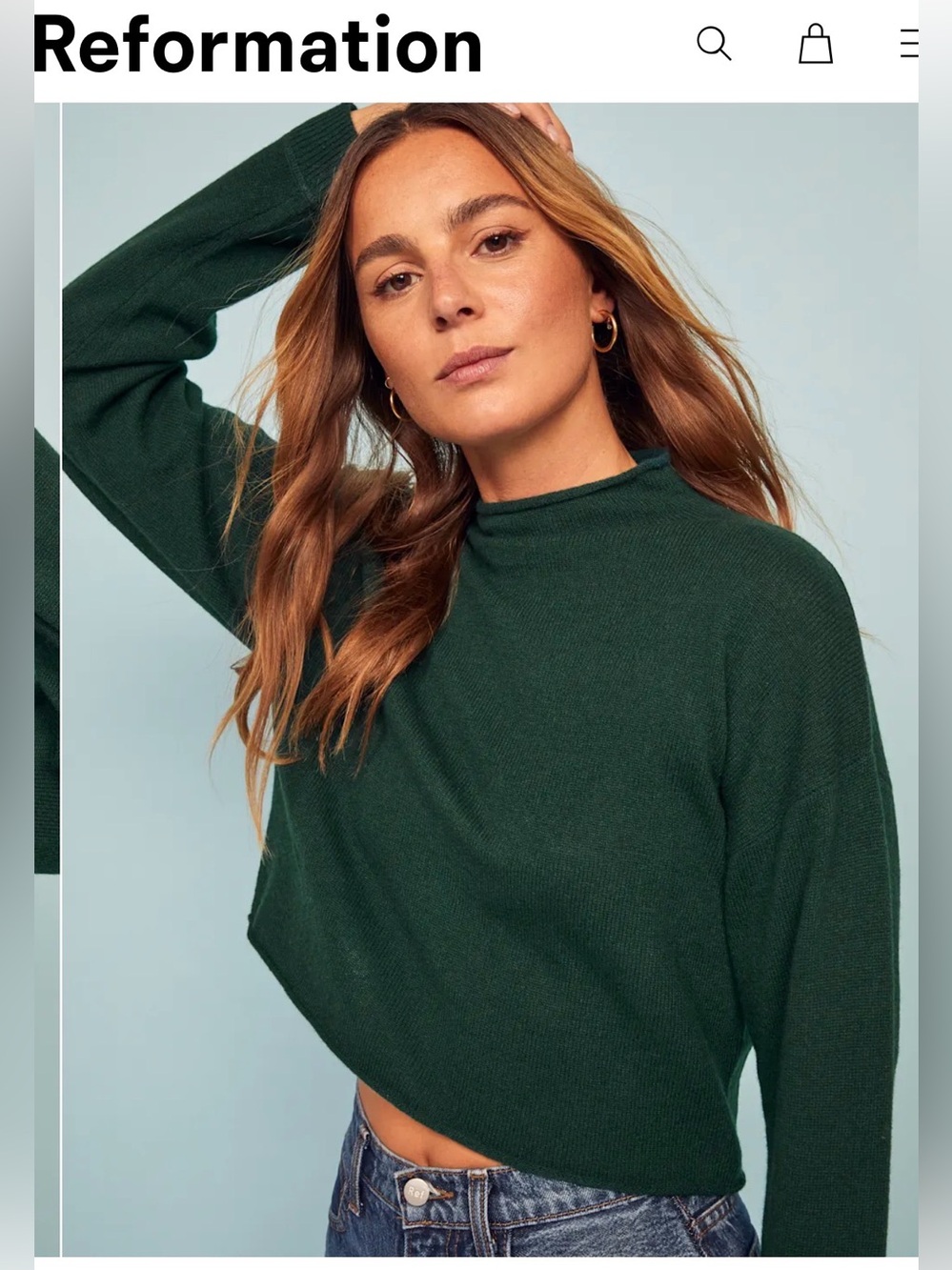 REFORMATION Cashmere Turtle Sweater in Sycmore Green Crop , size S